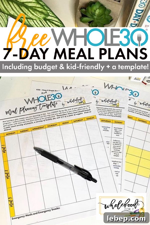 FREE Whole30 7-Day Meal Plan PDFs, including budget and kid-friendly and a blank template