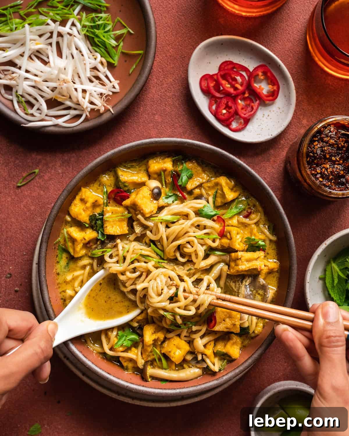 Malaysian curry soup with women's hands digging in with a spoon and chopsticks. 