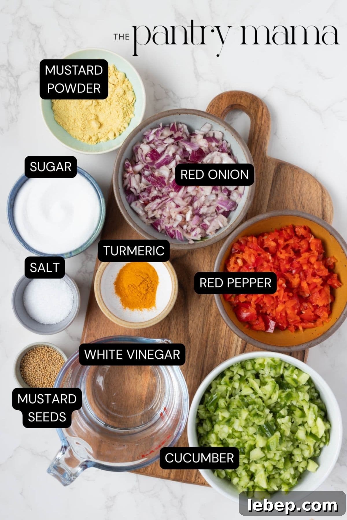 Homemade Mustard Relish Recipe for Tangy Sandwiches and Burgers 4 Labeled ingredients on the counter to make mustard relish.
