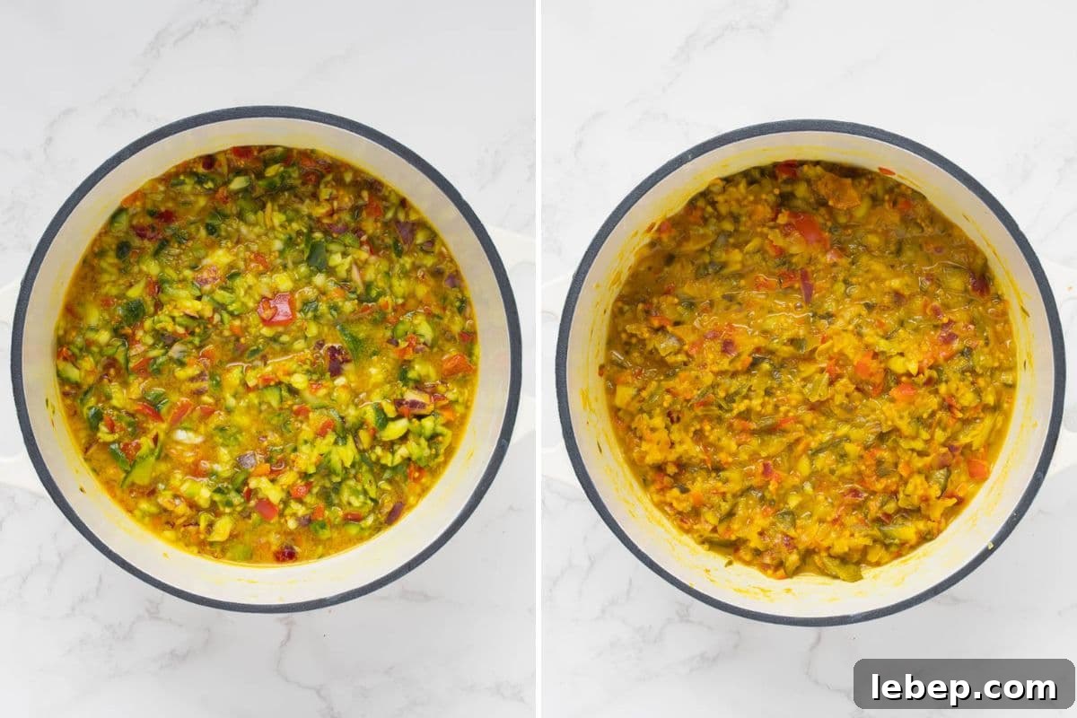 Homemade Mustard Relish Recipe for Tangy Sandwiches and Burgers 6 Two photos of chopped vegetables and seasonings cooking to make mustard relish.