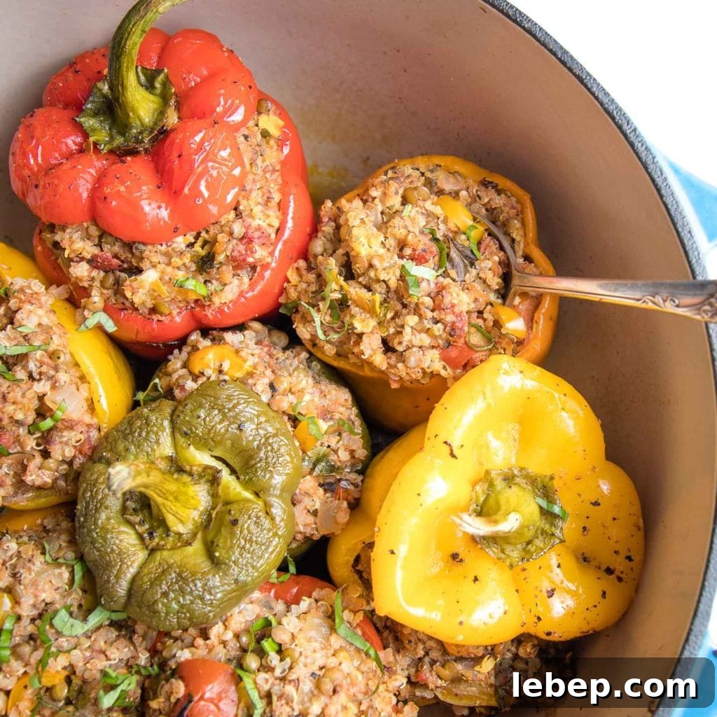 Vegan Lentil-Stuffed Peppers Recipe: Hearty Plant-Based Dinner 13 Vegan stuffed peppers of all colors, loaded with quinoa and lentils in a dutch oven.