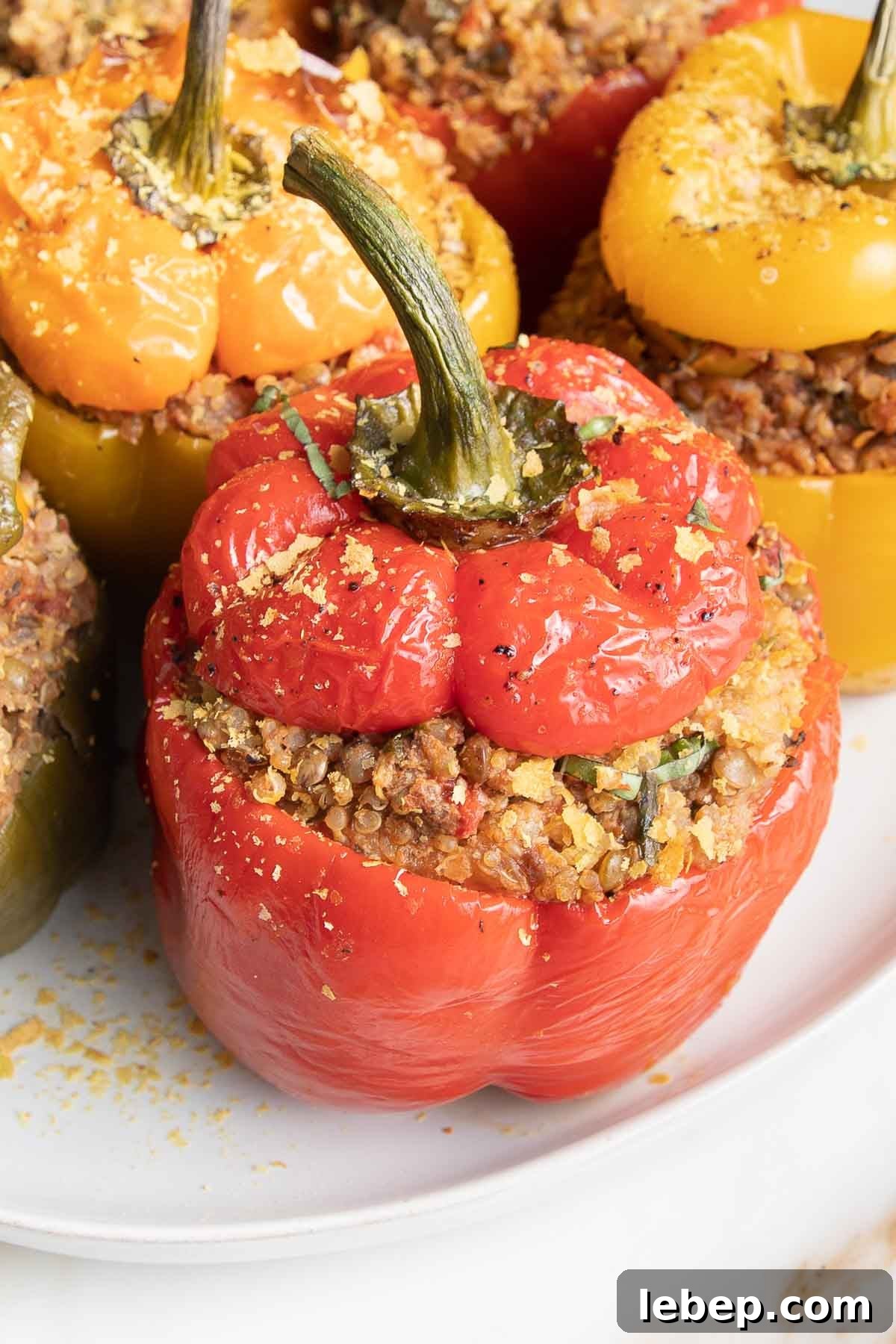 Vegan Lentil-Stuffed Peppers Recipe: Hearty Plant-Based Dinner 3 Red bell pepper stuffed with quinoa and lentils, on a plate with other colored stuffed peppers.