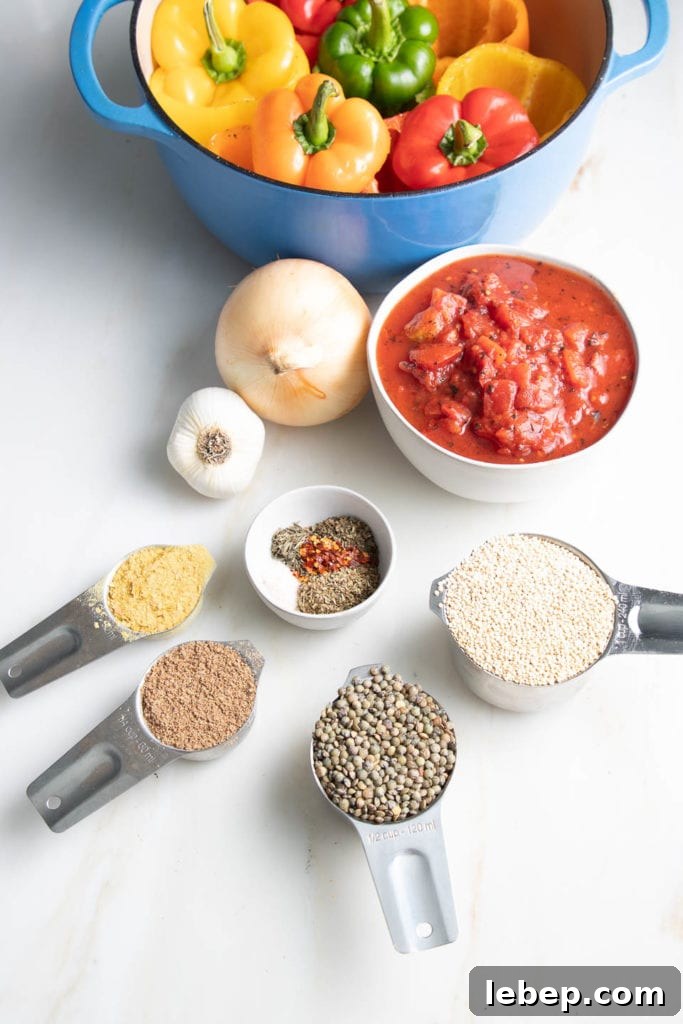 Vegan Lentil-Stuffed Peppers Recipe: Hearty Plant-Based Dinner 4 Ingredients for vegan stuffed peppers: colorful bell peppers, diced tomatoes, quinoa, lentils, onions, garlic, Italian spices, ground flax and nutritional yeast.