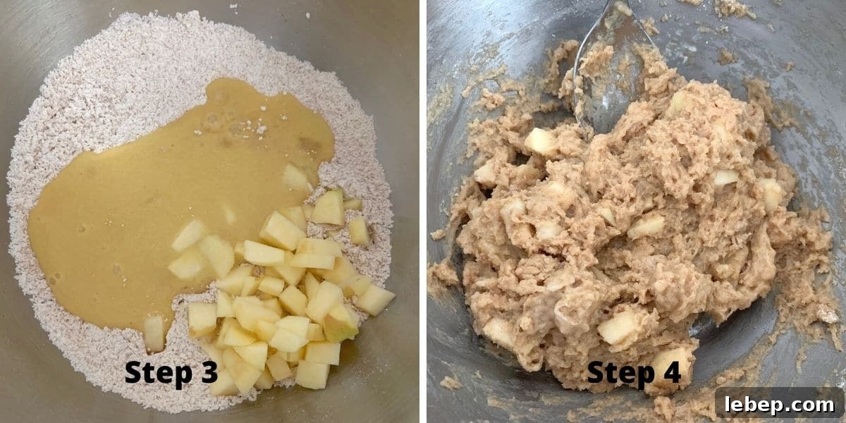 Gluten-Free Apple Fritters: Air Fryer or Classic Fried Recipe 6 Photos mixing the wet and dry ingredients with apples and the fritter batter for comparison.