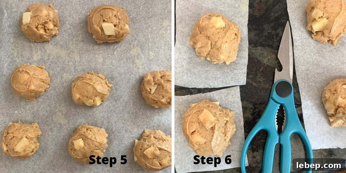 Gluten-Free Apple Fritters: Air Fryer or Classic Fried Recipe 7 Photos showing the scooped batter balls and cutting out the parchment paper for air frying.