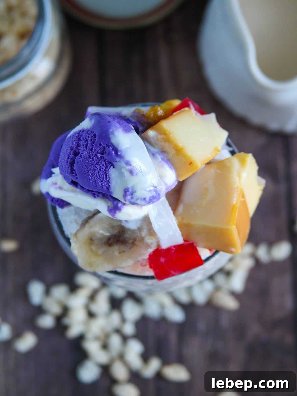 Halo-Halo: The Filipino Dessert Guide to Layers, Ingredients & Tips 8 top shot of Filipino halo-halo with leche flan and ube ice cream