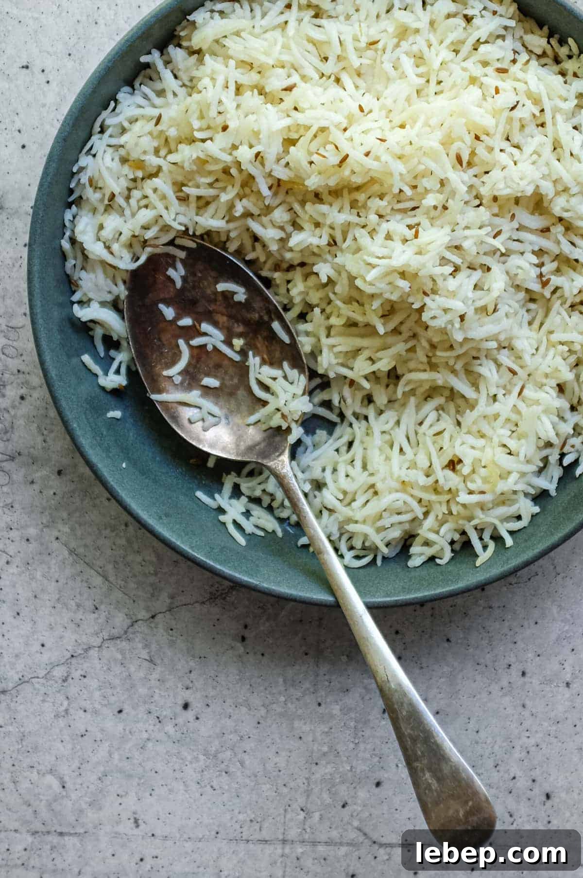 Light and fluffy cumin rice ready to serve with Indian curry dishes