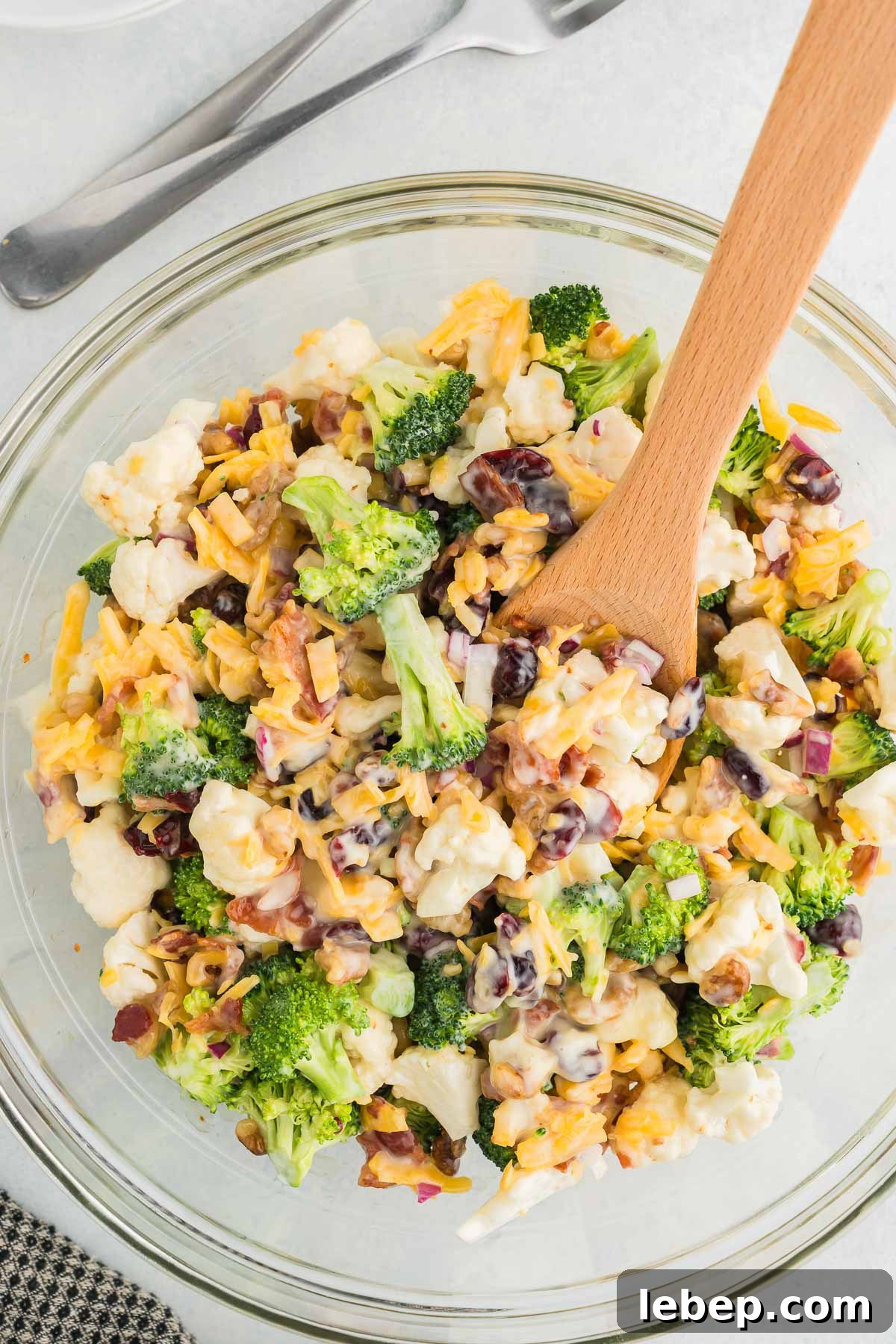 easy broccoli cauliflower salad in a bowl