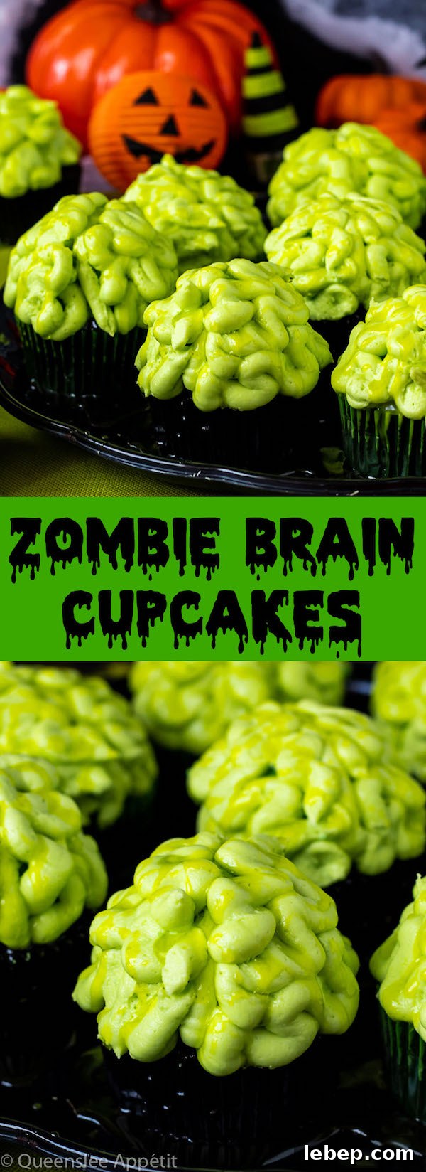 Zombie Brain Cupcakes Recipe: Creepy Halloween Dessert Tutorial 17 These Zombie Brain Cupcakes are a fun and spook-tacular treat for Halloween. Black Velvet cupcakes are filled with green zombie goo and topped with a delicious buttercream zombie brain!
