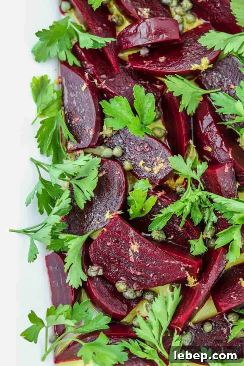 Pickled Beet Salad with Capers, Lemon Zest and Parsley on a platter.
