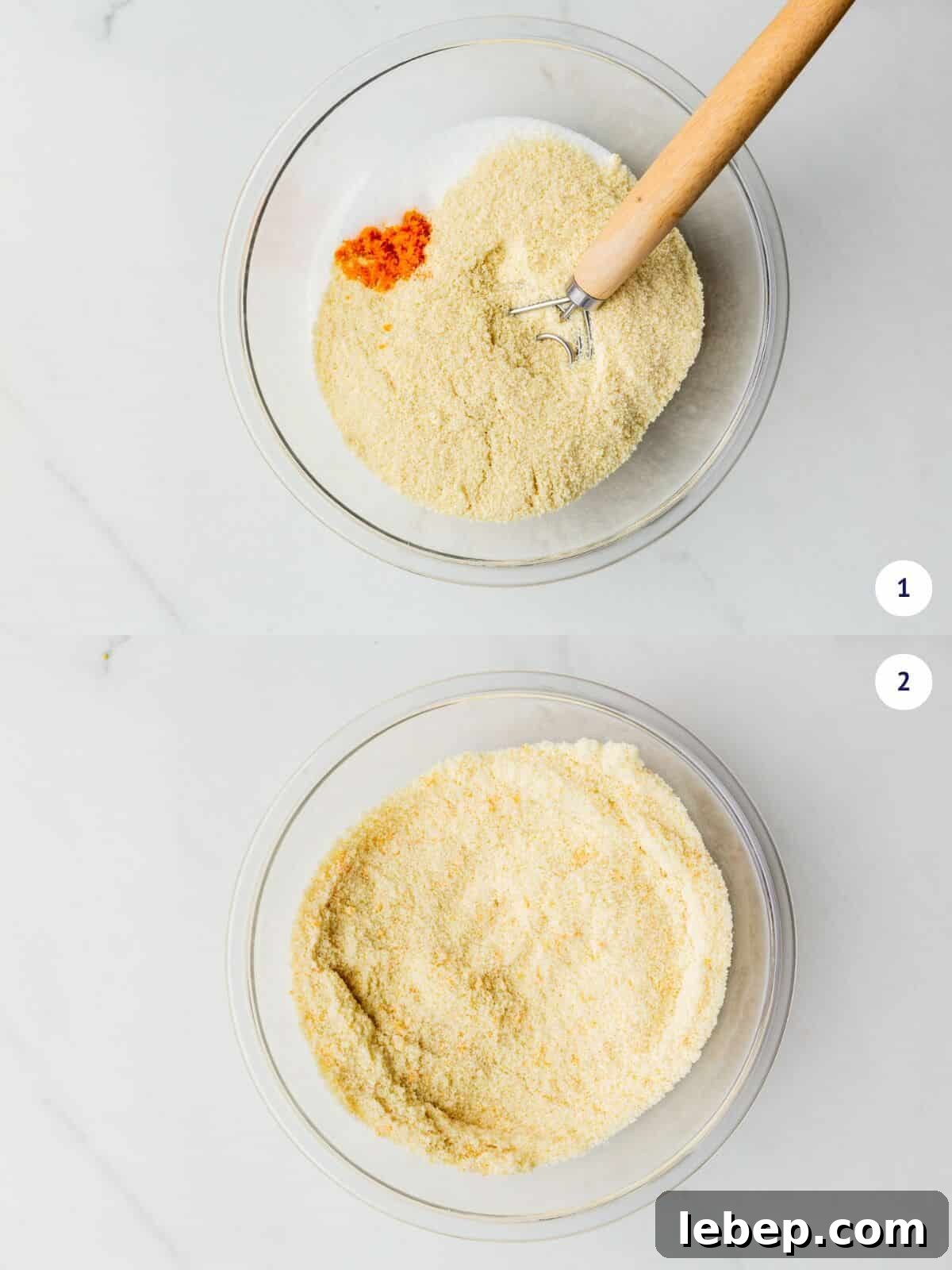 Orange Almond Amaretti Cookies Recipe — Zesty, Chewy Biscotti-Style Treats 4 Whisking ground almond, orange zest, and sugar in a bowl.