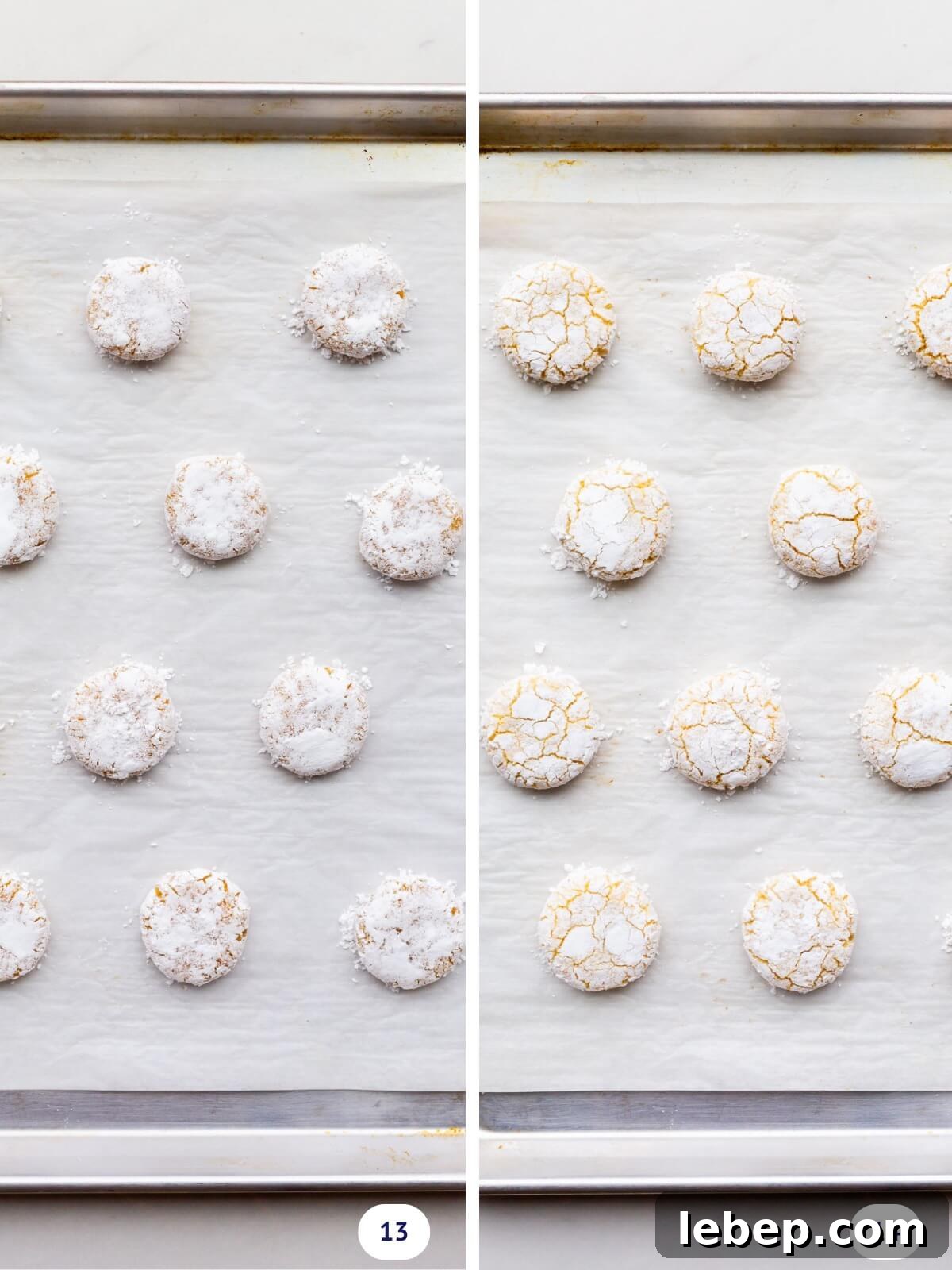 Orange Almond Amaretti Cookies Recipe — Zesty, Chewy Biscotti-Style Treats 8 Amaretti cookies on a sheet pan before and after baking until the surface cracks.