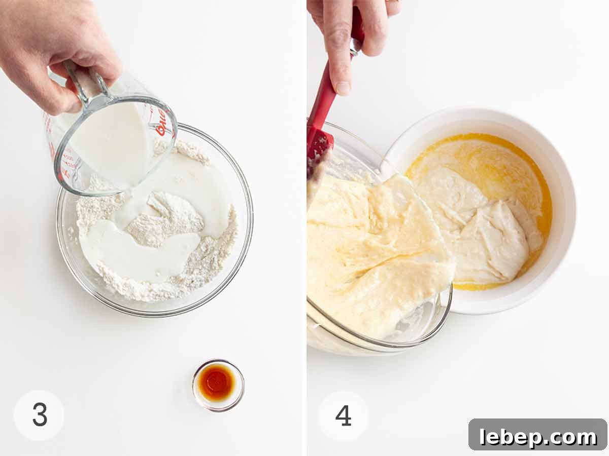 Pecan Pie Cobbler Recipe: Southern-Styled Gooey Pecan Dessert 6 Milk being poured into a bowl of dry ingredients and batter being added to a baking dish.