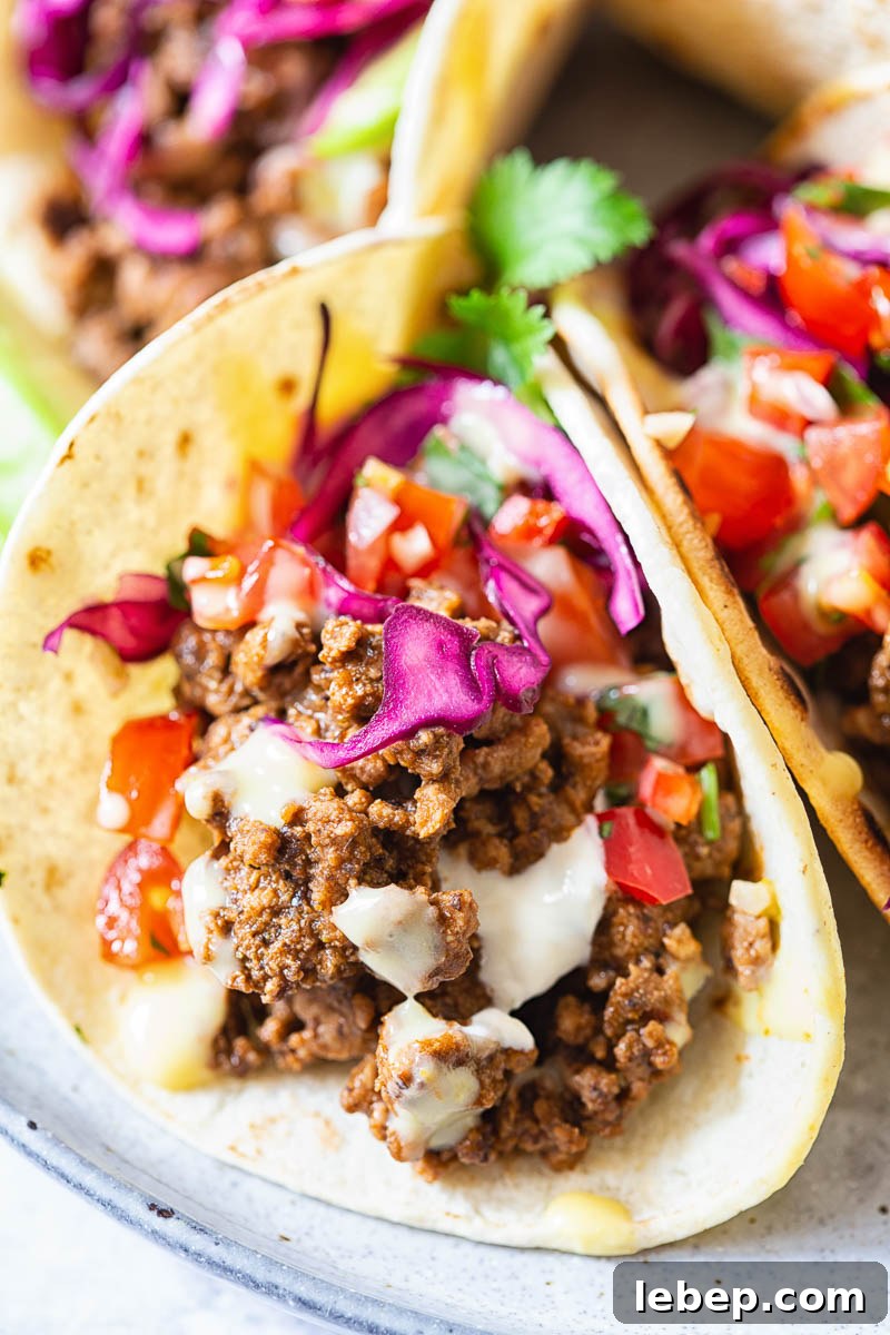 Flavorful Ground Beef Tacos with Homemade Taco Seasoning 2 Beef Tacos topped with salsa and red cabbage slaw
