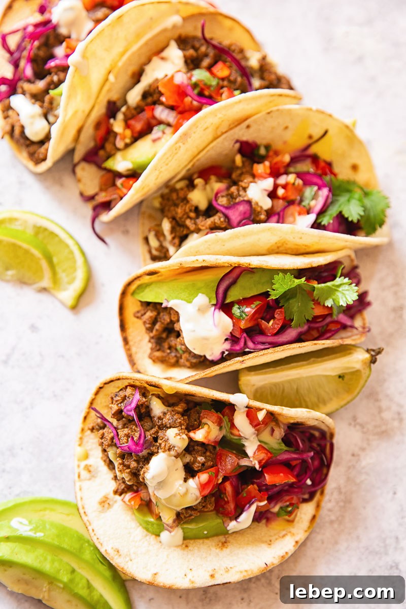 Flavorful Ground Beef Tacos with Homemade Taco Seasoning 6 Beef Tacos topped with pico de gallo and slaw