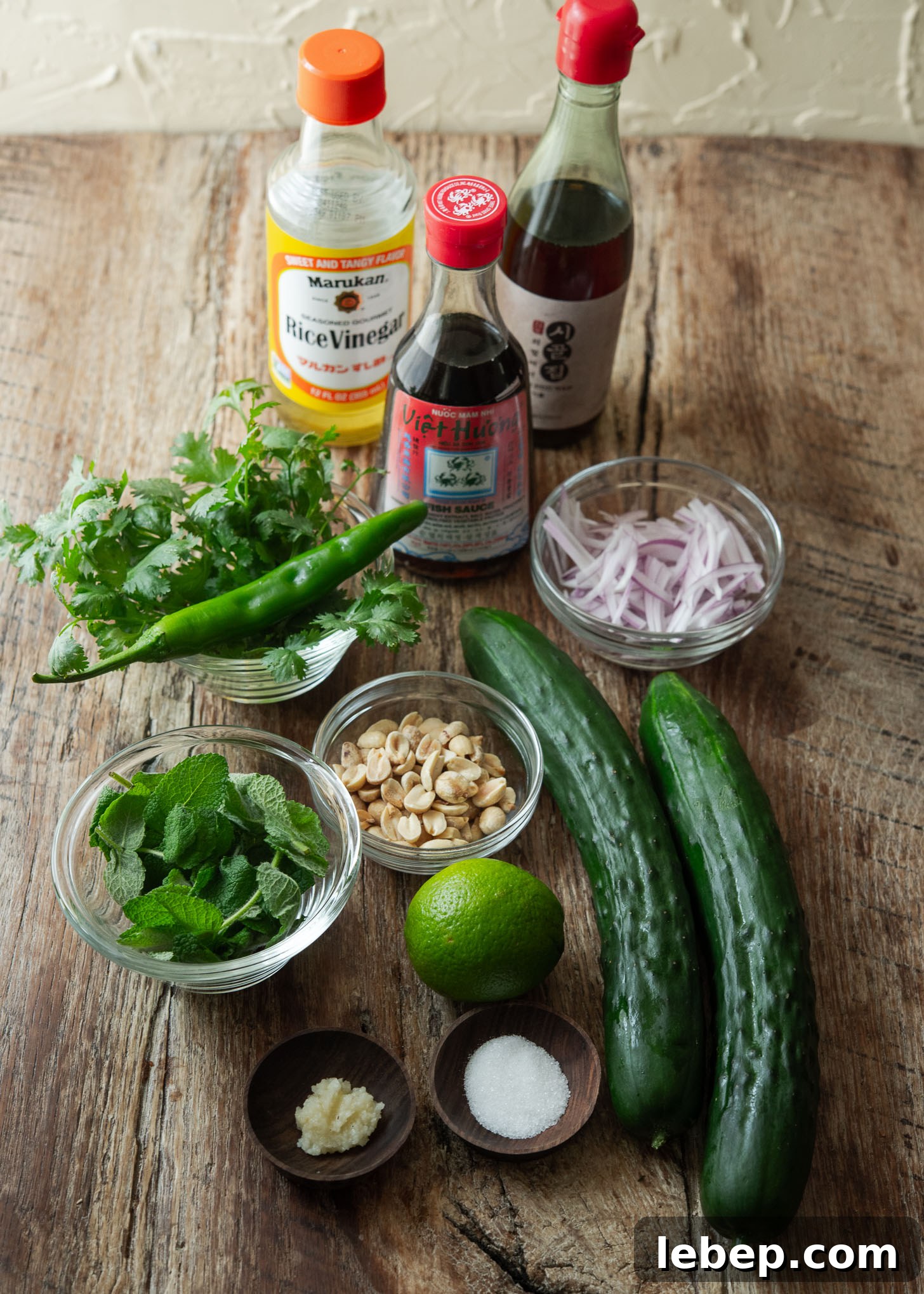Ingredients for making Vietnamese cucumber salad.