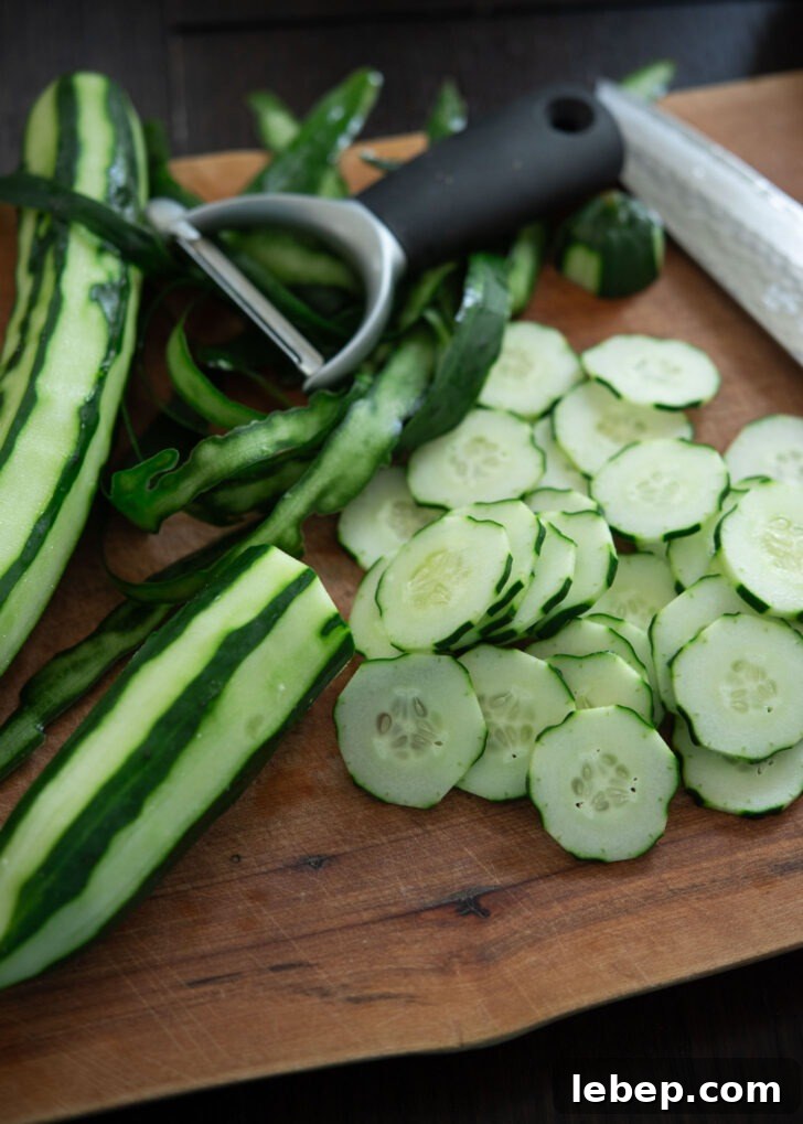 Peeled and sliced cucumber.