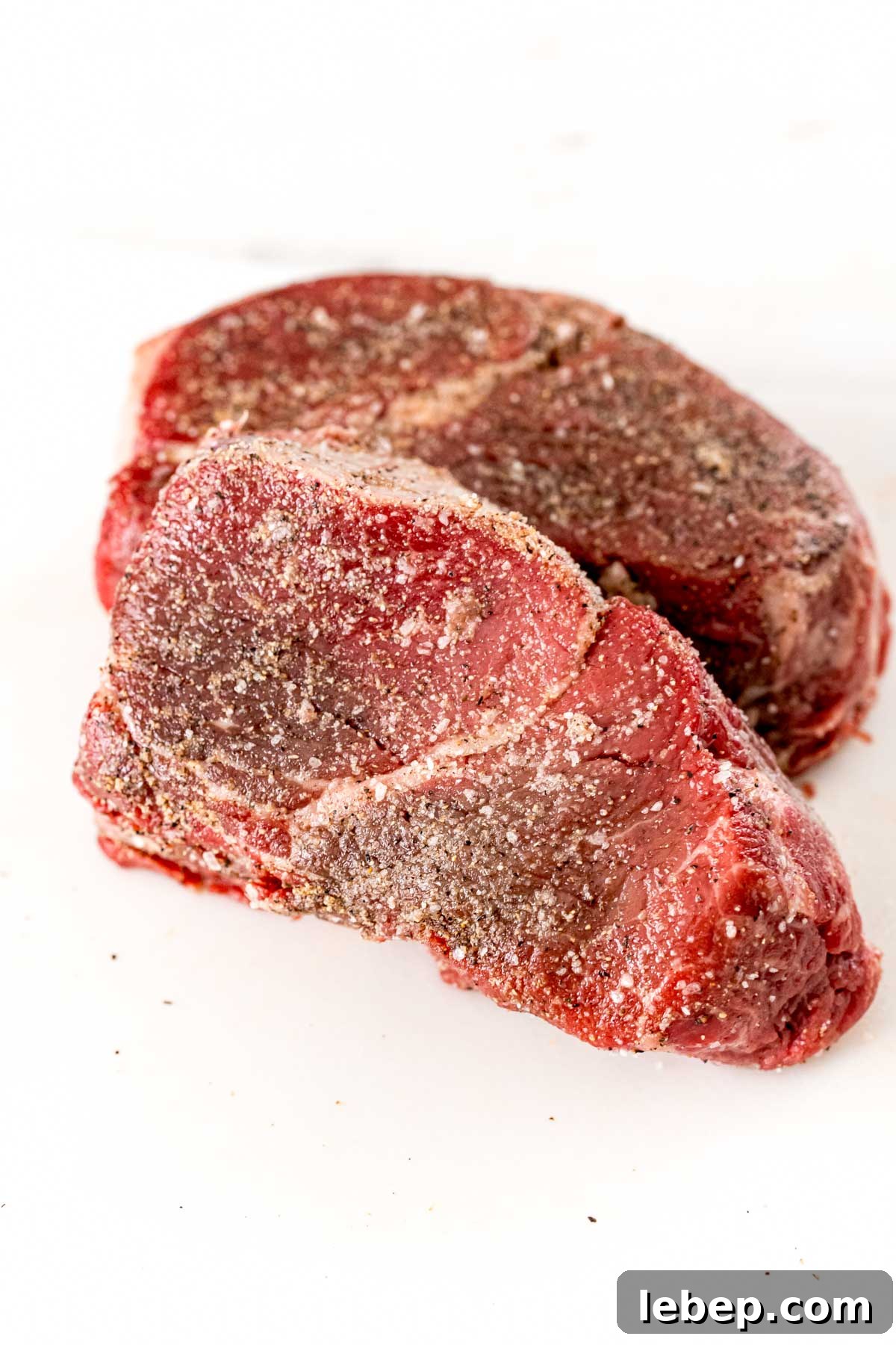 Perfect Air Fryer Filet Mignon Recipe for Tender Steak 4 Raw filet mignon on a white cutting board seasoned with oil, salt, pepper, and garlic powder.