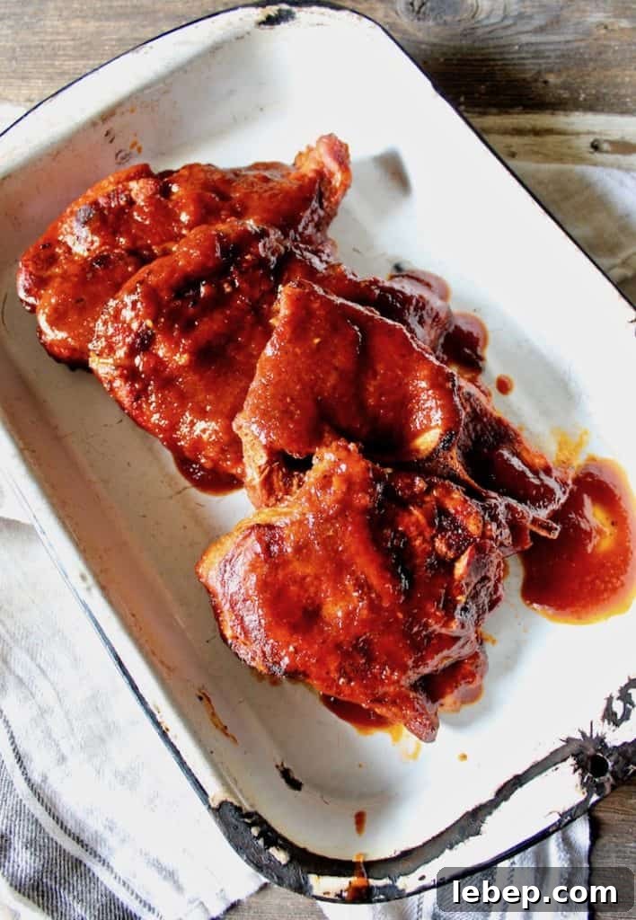 St. Louis BBQ Pork Steaks in an enamel pan for serving