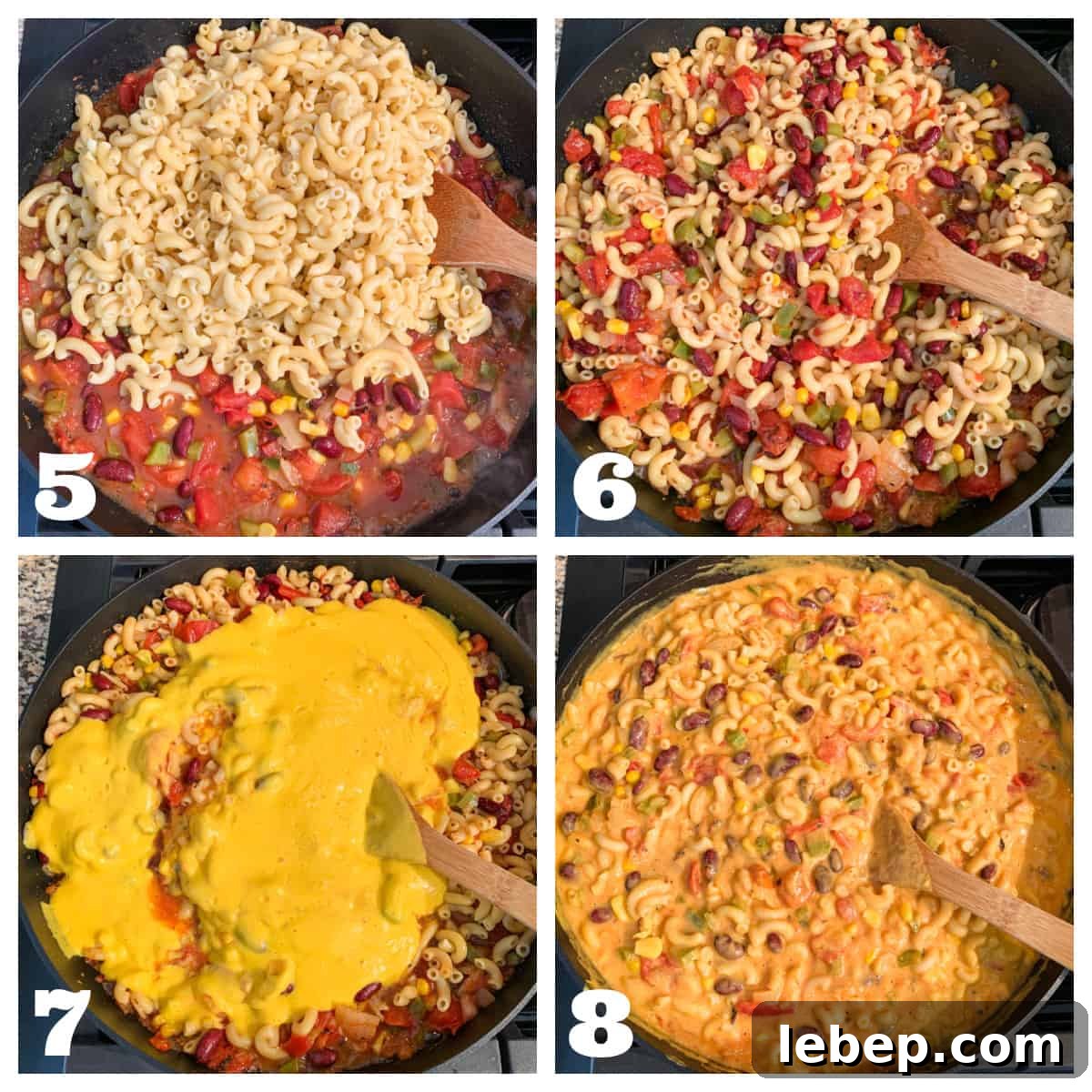 4 photo collage of adding noodles and cheese sauce and mixing together.