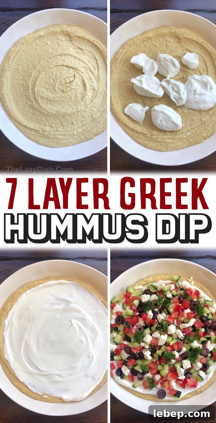 Make Ahead Cold Party Appetizer For A Crowd - This 7 layer greek hummus dip is a breeze to throw together for parties! You can seriously just whip it up last minute. Simply top store-bought hummus with plain greek yogurt and the greek inspired veggies of your choice like tomato, cucumber, olives and feta. Serve cold with pita chips! It's super yummy, yet healthy and vegetarian. A real crowd please for just about any occassion: Mother's day, birthdays, baby showers, holidays, or any party! The best make ahead party dip for a crowd.