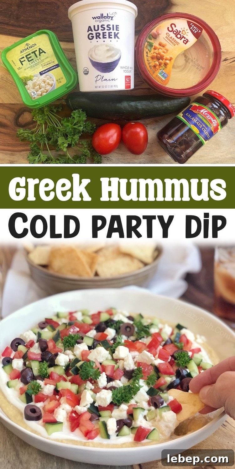 This cold make ahead dip is a crowd pleaser for parties, potlucks, pool parties, family gatherings, and backyard bbqs! So easy to make with just a few fresh and healthy ingredients. Serve with pita chips or naan for the most delicious finger food party appetizer!