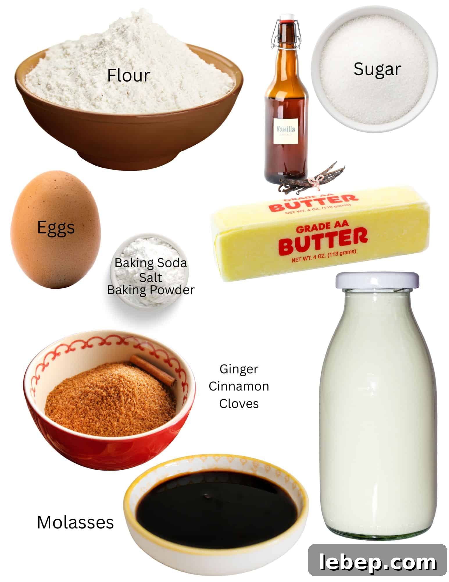 Gingerbread Muffins Recipe with Warm Spices and Molasses 3 Bowls of flour, sugar, spices, baking soda, salt and baking powder, bottle of vanilla, egg, stick of butter and bottle of milk.