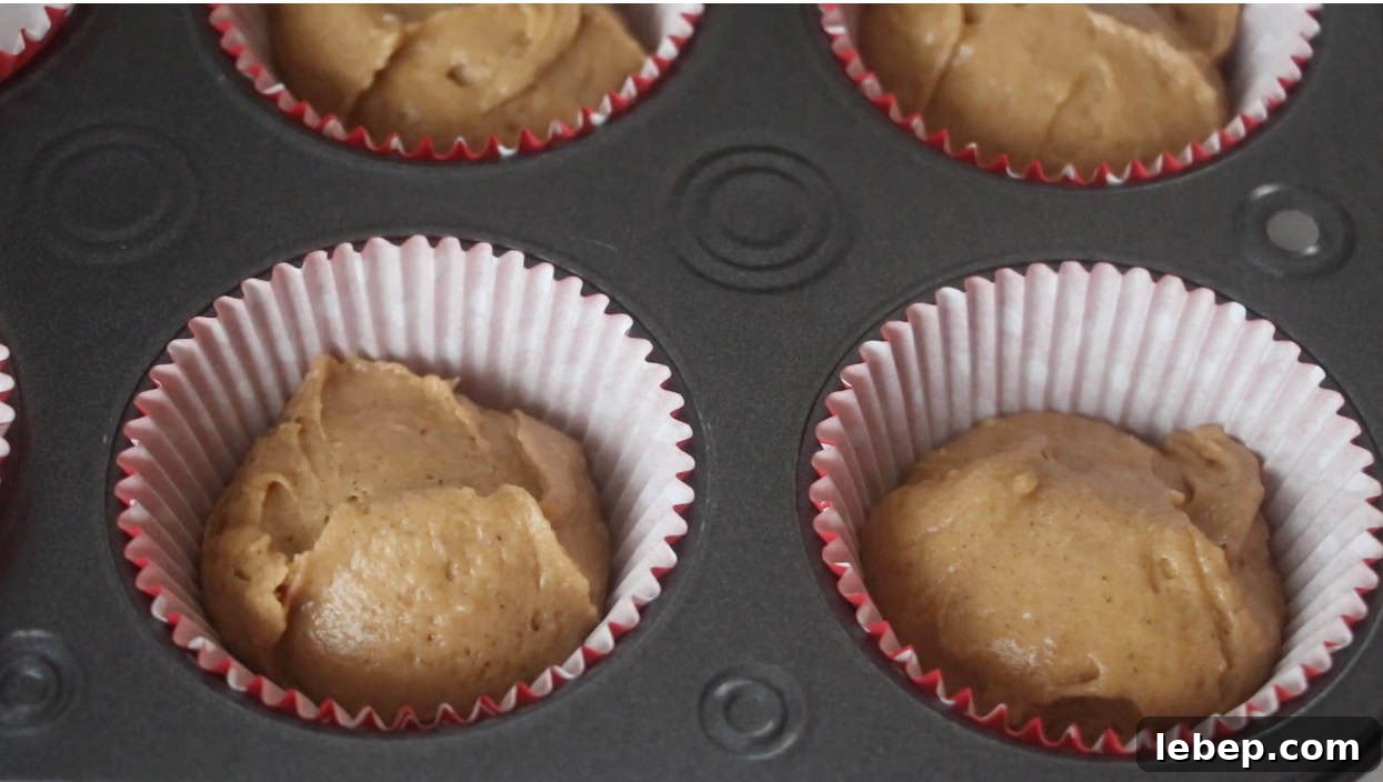Gingerbread Muffins Recipe with Warm Spices and Molasses 5 Unbaked muffins in muffin pan.