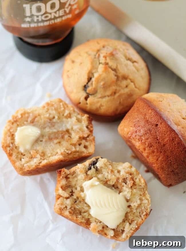 sliced and buttered raisin nut bran muffins
