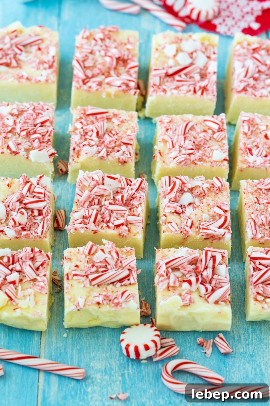 Squares of fudge topped with crushed candy canes.