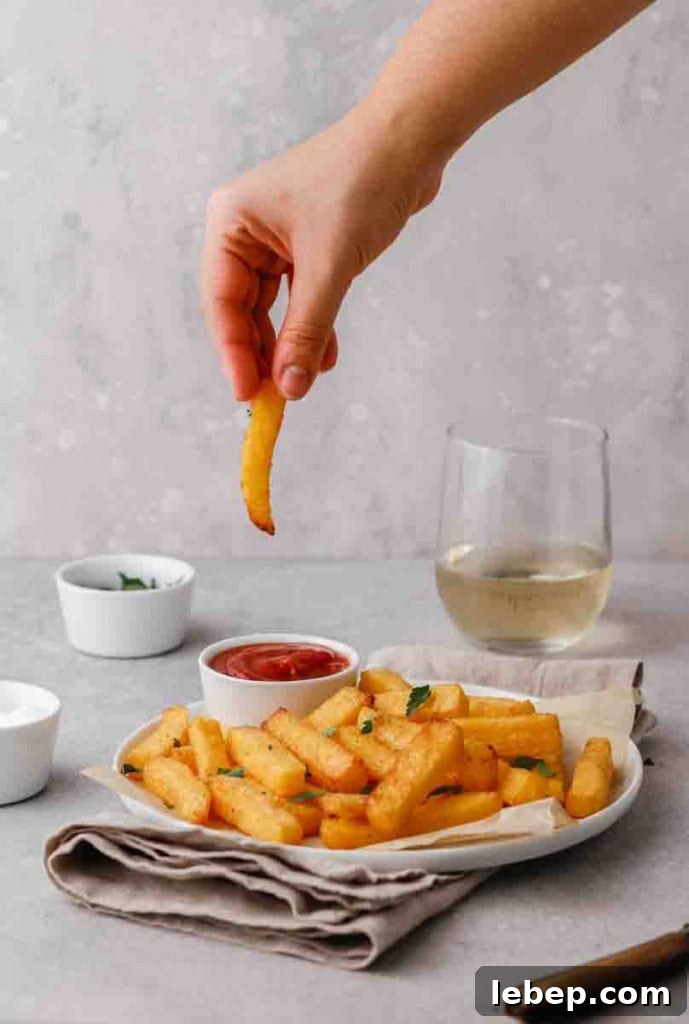Hand dipping Polenta fry in ketchup