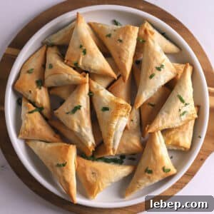An overhead image of Spanakopita triangles on a white platter.