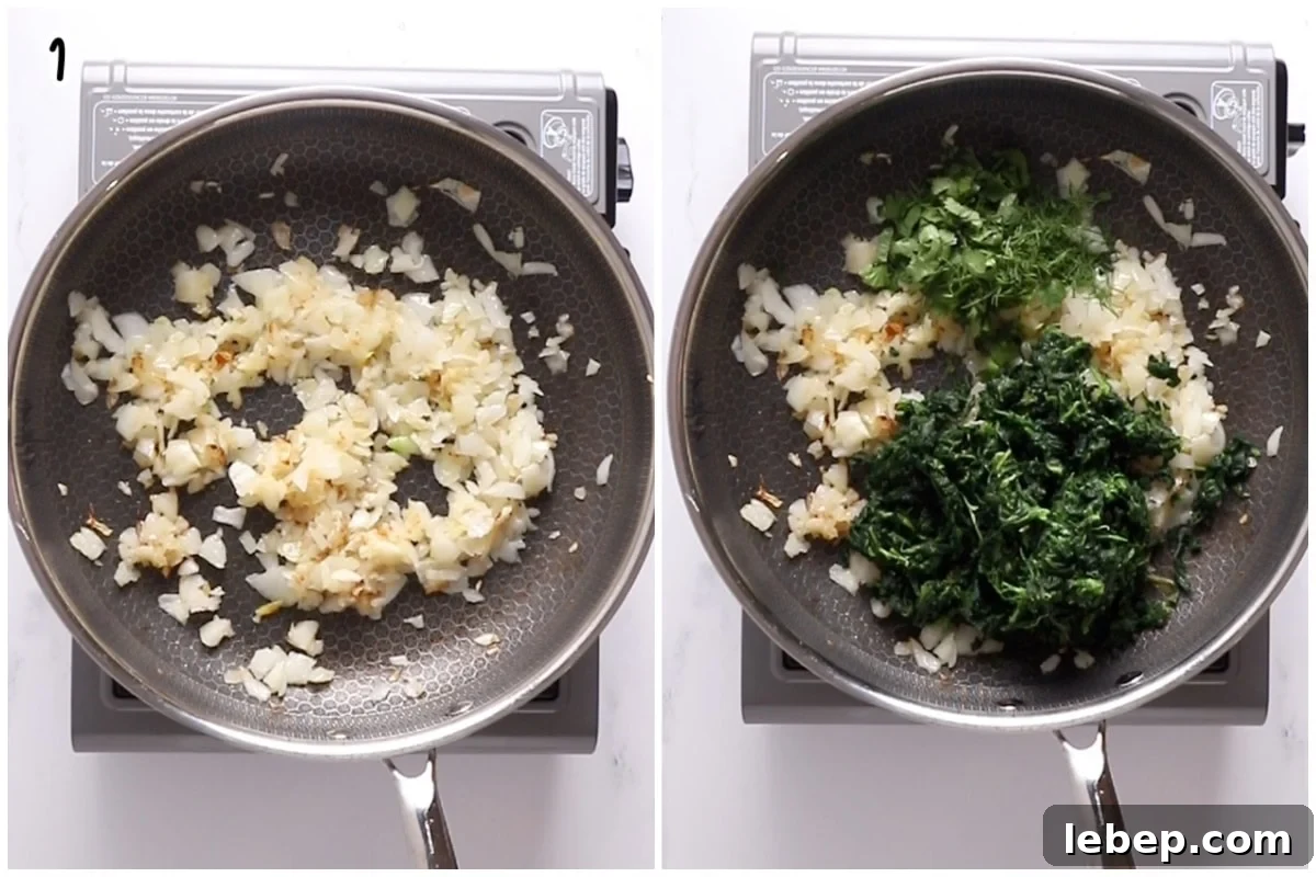 Two images of a large skillet with onion then adding spinach and fresh herbs.