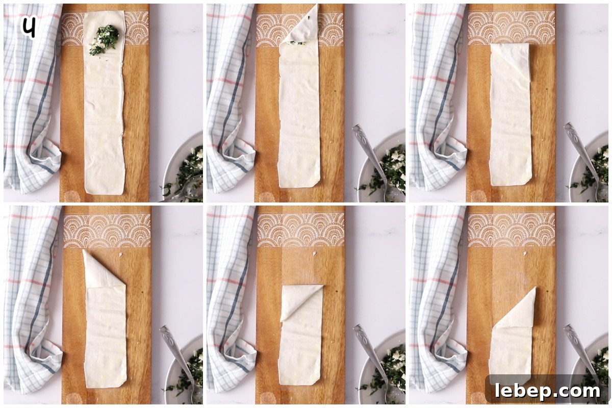 A 6 image collage showing how to roll spanakopita triangles.
