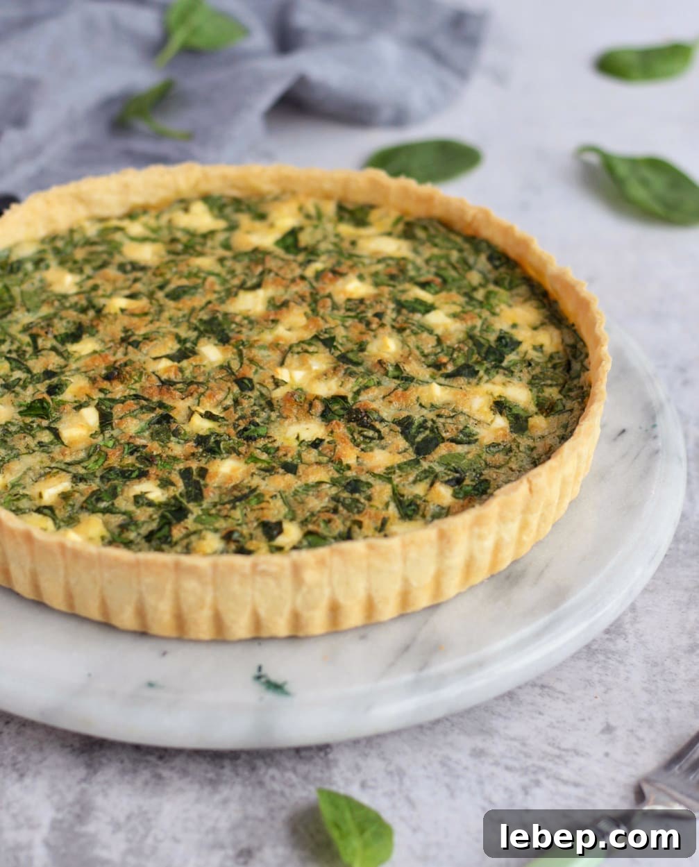 Spinach Quiche viewed from the side.