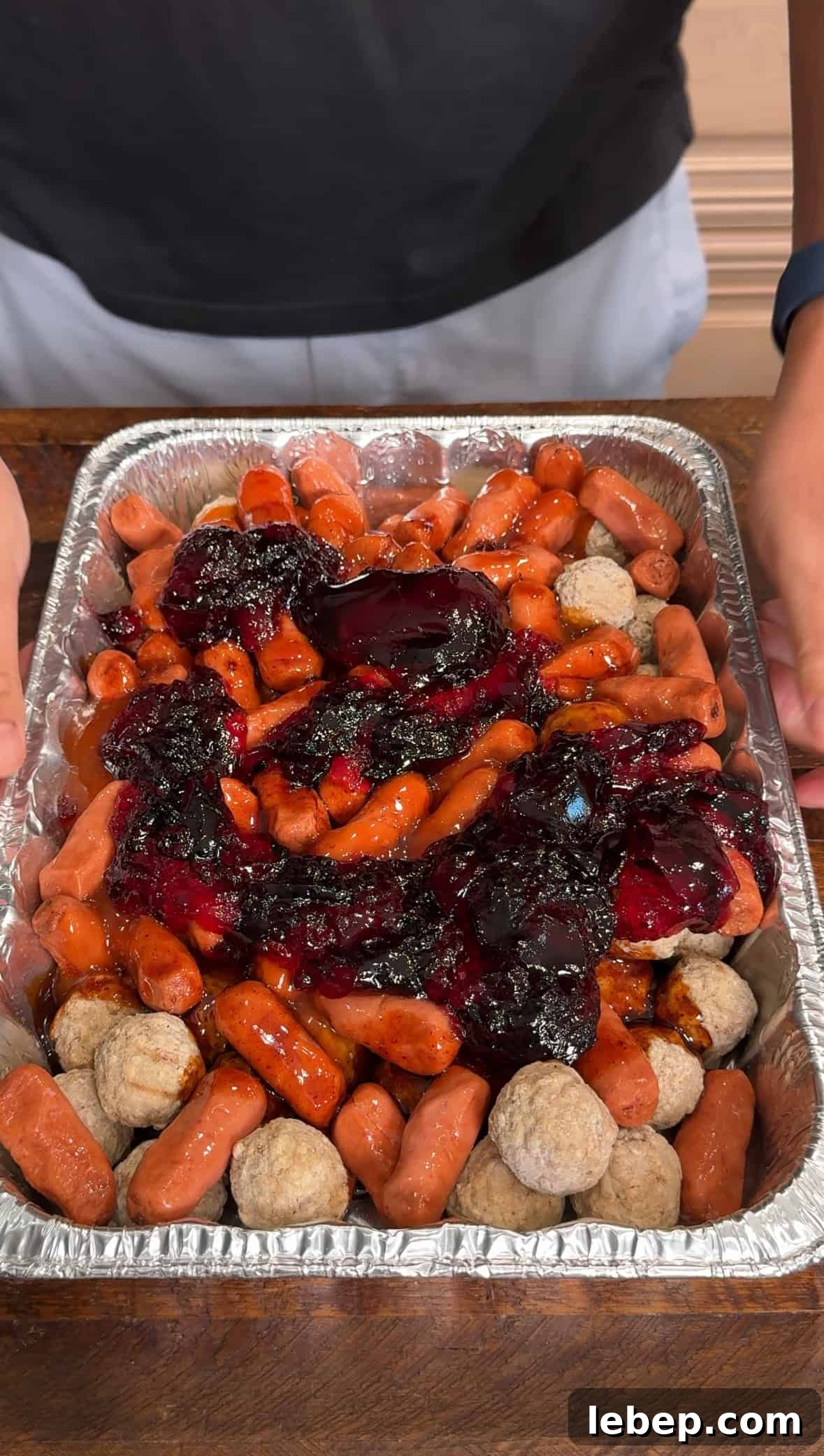 Smoked BBQ Meatballs & Little Smokies Recipe for Party Snacks 3 Meatballs in pan