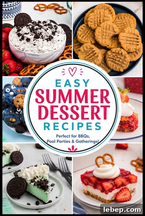 Collage of summer desserts including Oreo dip, coconut delight, grasshopper pie, strawberry dump cake, patriotic truffles, flag fruit pizza, Cookie Monster cookies, and strawberry pretzel salad.
