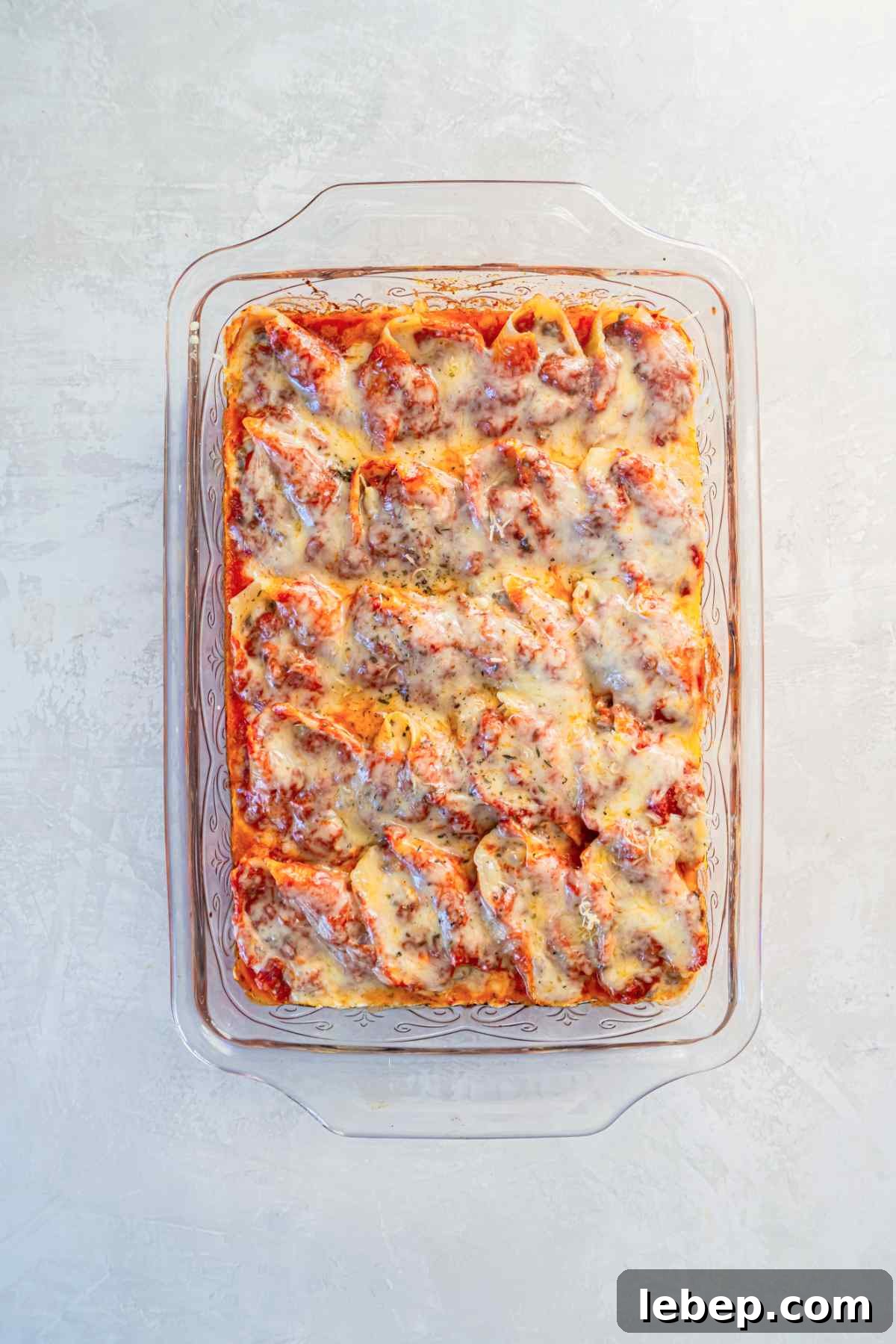 Baked Stuffed Shells with Beef and Cottage Cheese Filling 12 Baked stuffed shells with ground beef and melted cheese in marinara sauce