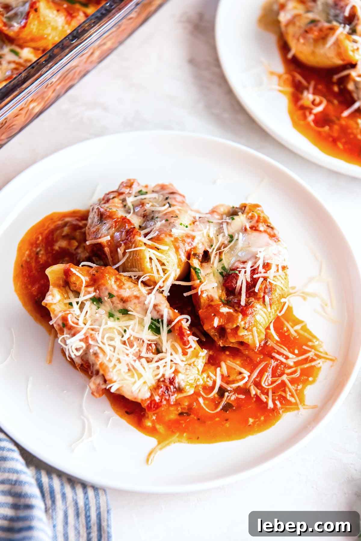 Baked Stuffed Shells with Beef and Cottage Cheese Filling 14 Stuffed shells with ground beef and cottage cheese served on a plate with marinara sauce and Parmesan