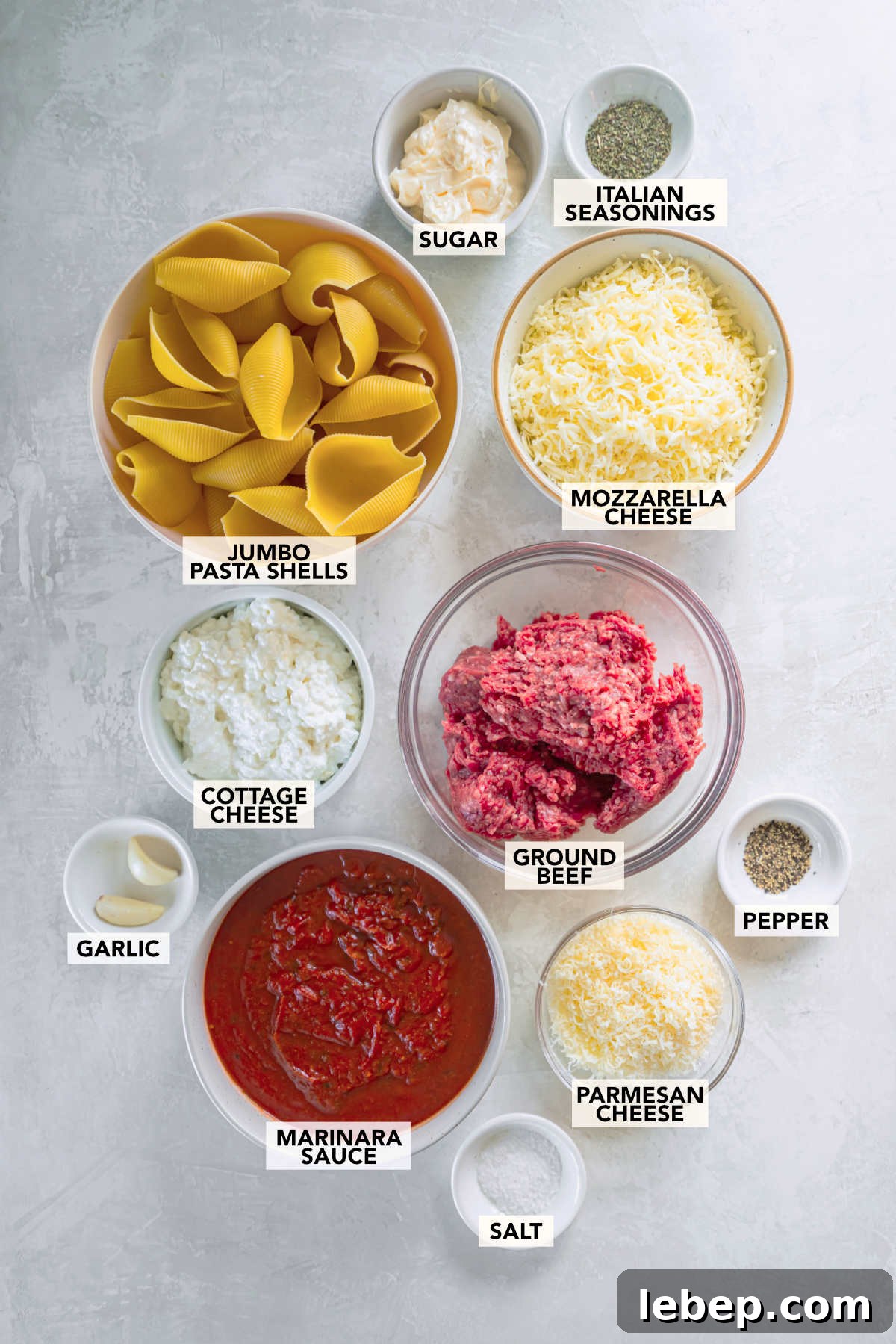 Baked Stuffed Shells with Beef and Cottage Cheese Filling 3 Ingredients for stuffed shells with ground beef including pasta shells, cottage cheese, mozzarella, marinara sauce, and ground beef