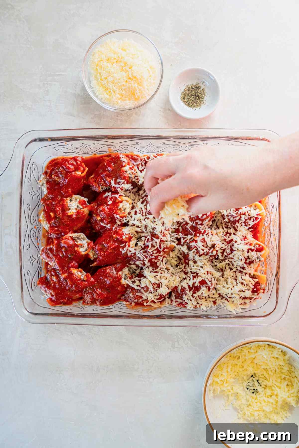 Baked Stuffed Shells with Beef and Cottage Cheese Filling 10 Stuffed shells topped with shredded mozzarella and marinara sauce before baking