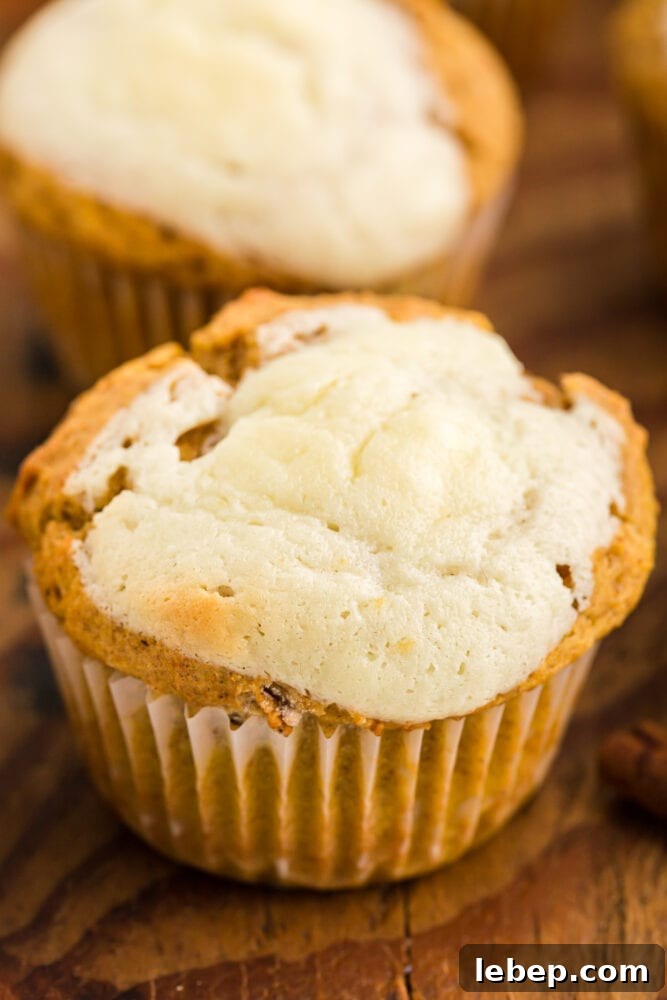 Fluffy Pumpkin Muffins with Cream Cheese Swirl 2 picture of pumpkin cream cheese muffin in a paper wrapper