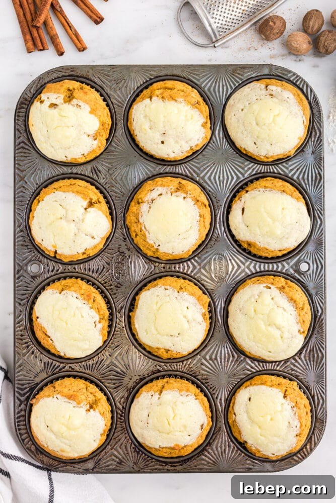 Fluffy Pumpkin Muffins with Cream Cheese Swirl 16 picture of baked cream cheese pumpkin muffins in a muffin tin