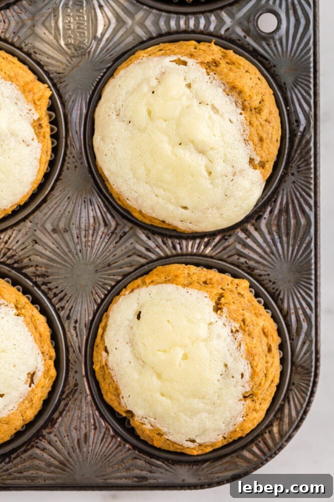 Fluffy Pumpkin Muffins with Cream Cheese Swirl 3 picture of pumpkin cream cheese muffin in a paper wrapper