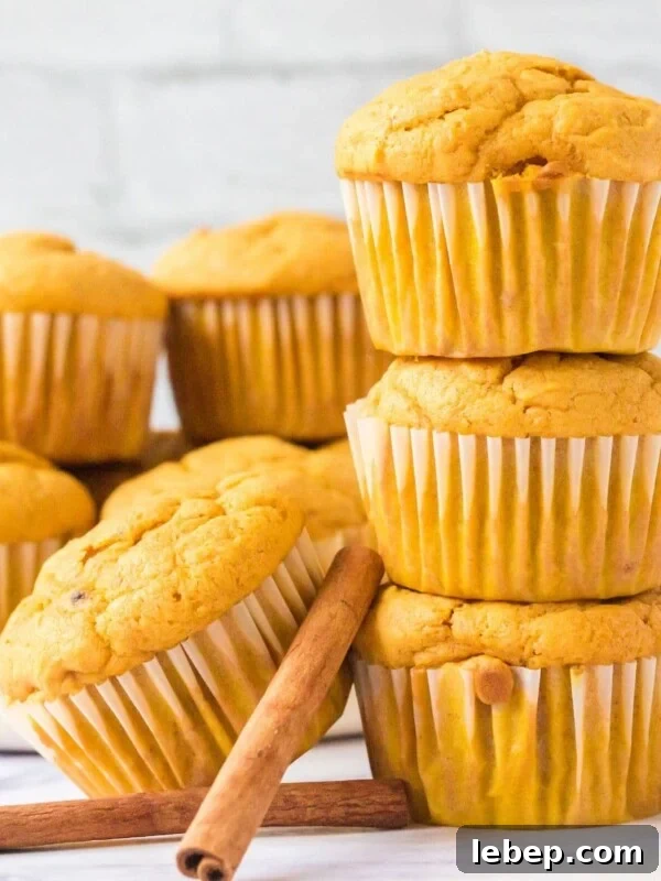 Fluffy Pumpkin Muffins with Cream Cheese Swirl 22 picture of pumpkin spice muffins stacked on a table