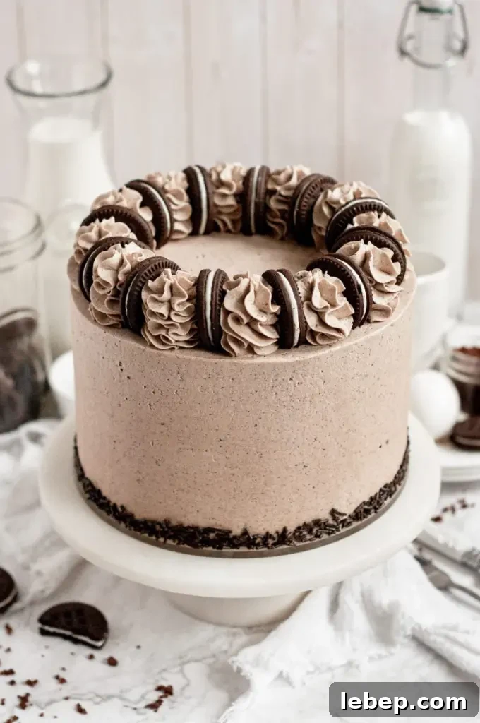 A gluten-free oreo cake with 4 layers of vanilla cake loaded with chipped oreos and covered in a oreo crumb buttercream frosting.
