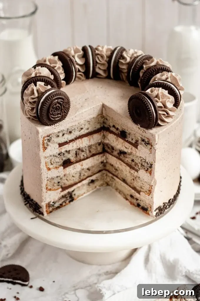 A gluten-free oreo cake with 4 layers of vanilla cake loaded with chipped oreos and covered in a oreo crumb buttercream frosting.