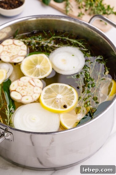 Comfortable Turkey Pot Pie Recipe with Flaky Crust 12 A turkey brining in a pot of liquid.