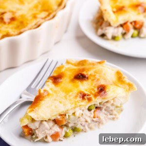 Comfortable Turkey Pot Pie Recipe with Flaky Crust 13 A slice of turkey pot pie on a plate.