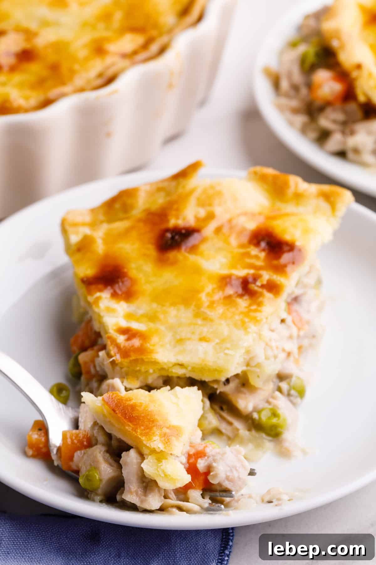 Comfortable Turkey Pot Pie Recipe with Flaky Crust 6 slice of turkey pot pie with a forkful of pie served on a white round plate.